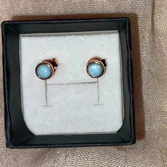 Natural Larimar gemstone set in rose gold plated sterling silver stud earrings - Picture 2 of 12